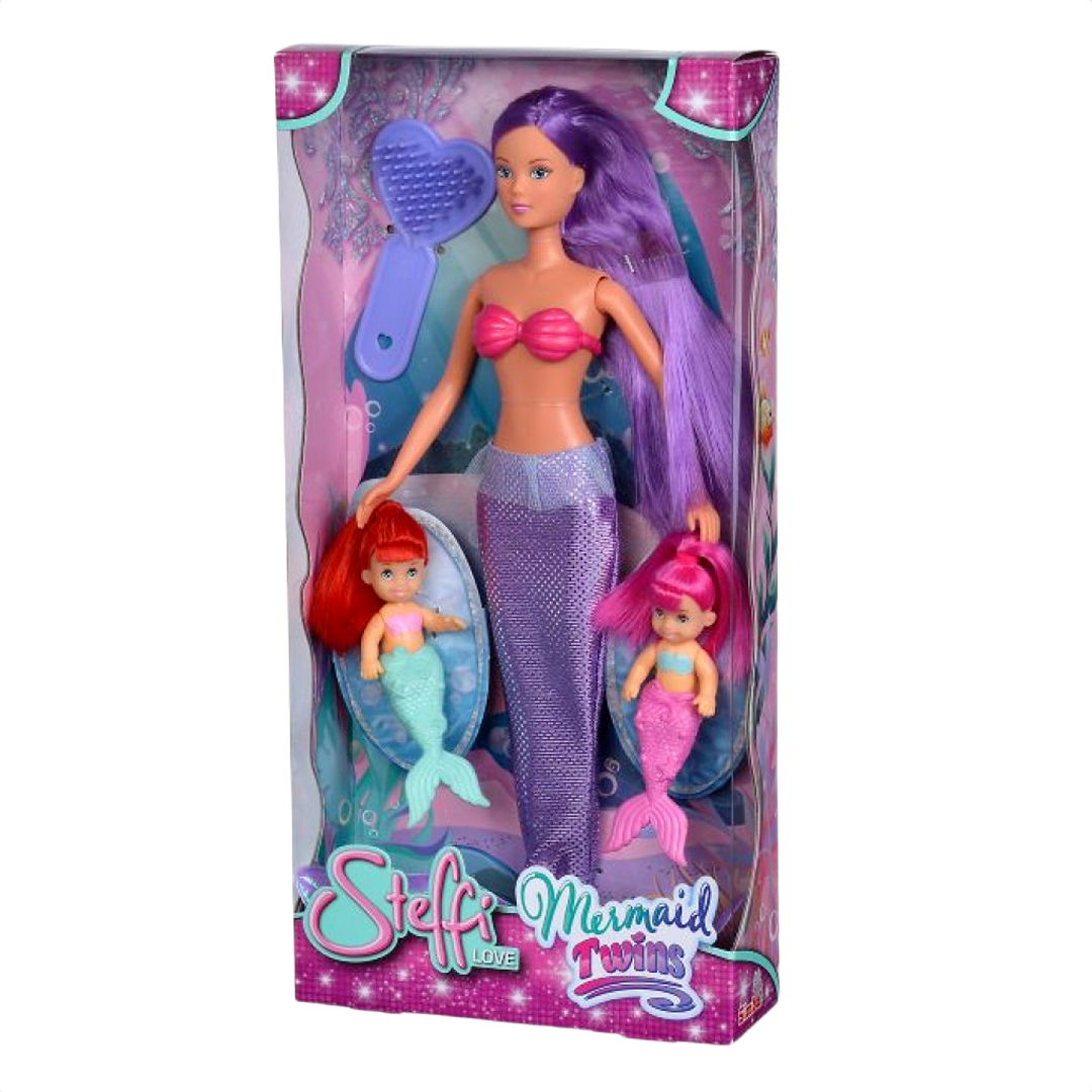 Set of three mermaid dolls with colorful tails and long hair in a clear toy packaging box