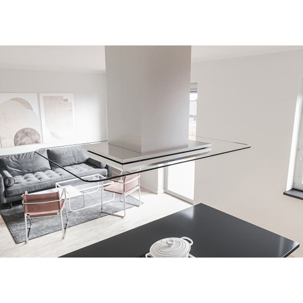 Minimalist stainless steel kitchen island hood with clear glass canopy in modern open living space from Island Range Hoods collection