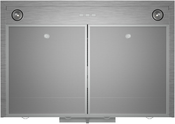 Top view of stainless steel undercabinet hood with dual mesh filters and built-in circular lights in kitchen appliances collection