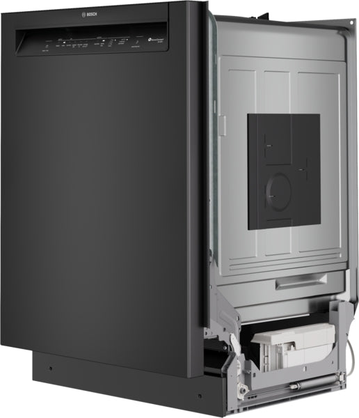 Black Bosch dishwasher partially open showing interior components for home improvement and kitchen use
