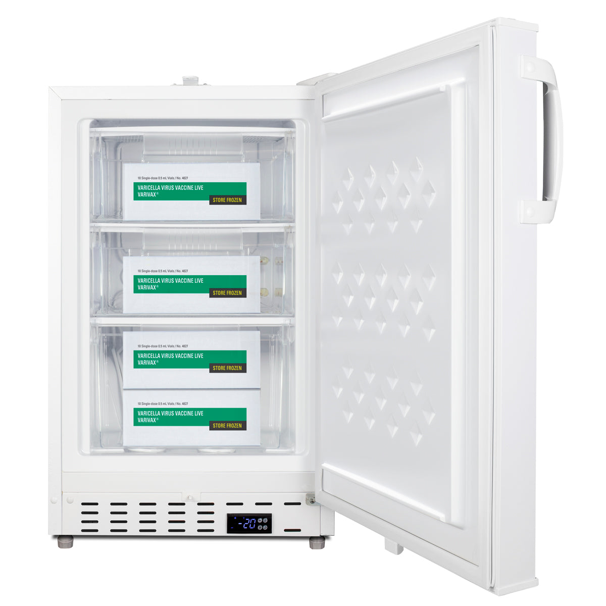 White built-in undercounter all-freezer with digital temperature display and labeled vaccine storage bins from Freezers collection