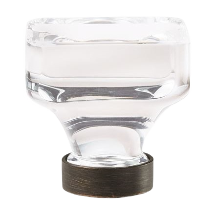 Clear square knob with oil rubbed bronze base for cabinet and furniture hardware in home improvement collections