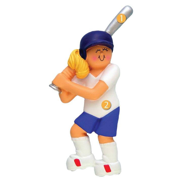 Personalized female blonde softball player ornament in blue helmet, white shirt, and blue shorts for Christmas decoration