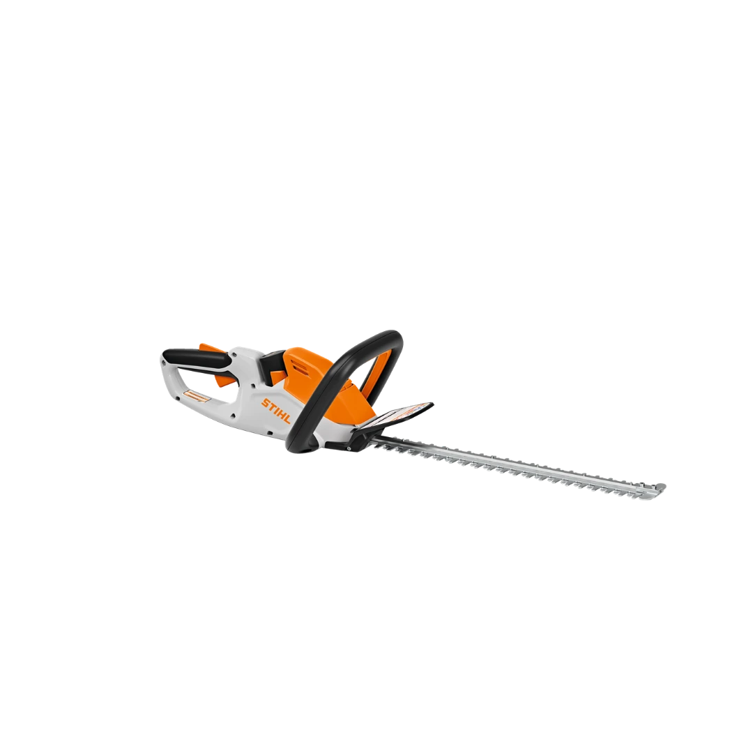 Orange and gray electric hedge trimmer with long dual-action blade designed for home improvement tasks