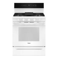 White 30-inch smart gas range with five burners, digital controls, and air cooking technology from kitchen appliances collection