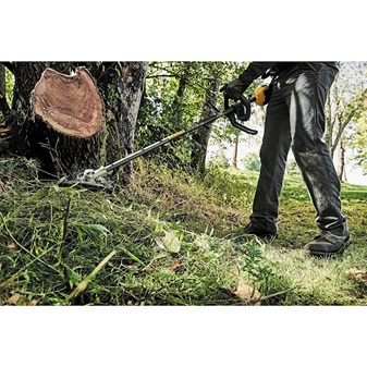 Person operating a cordless brushless string trimmer clearing grass near a tree for outdoor home improvement tasks