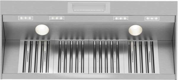 Interior view of stainless steel professional wall hood with built-in lights and ventilation grates for kitchen range hood collection