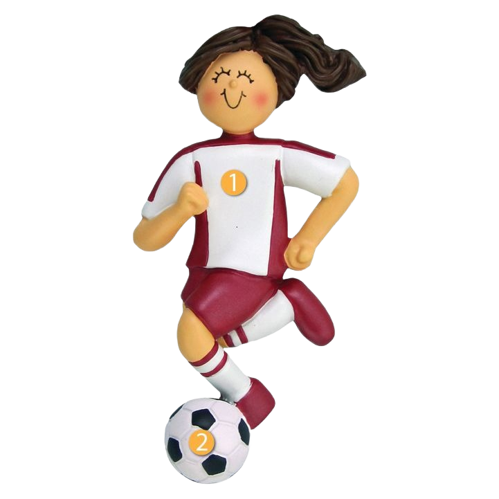 Personalized brunette female figurine in red soccer uniform kicking ball for Christmas Ornaments & Tree Decorations under $50 collection