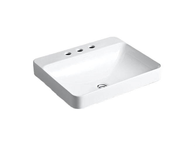 White rectangular vessel sink with three faucet holes for bathroom home improvement projects