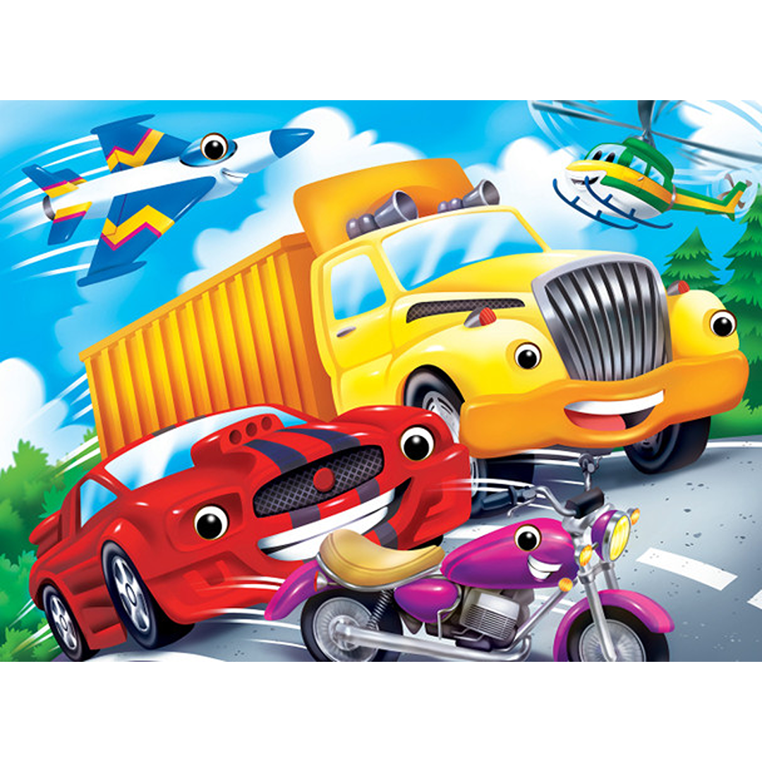 Colorful kids puzzle featuring cheerful vehicles with googly eyes in toys and games and puzzles under 50 dollars collection
