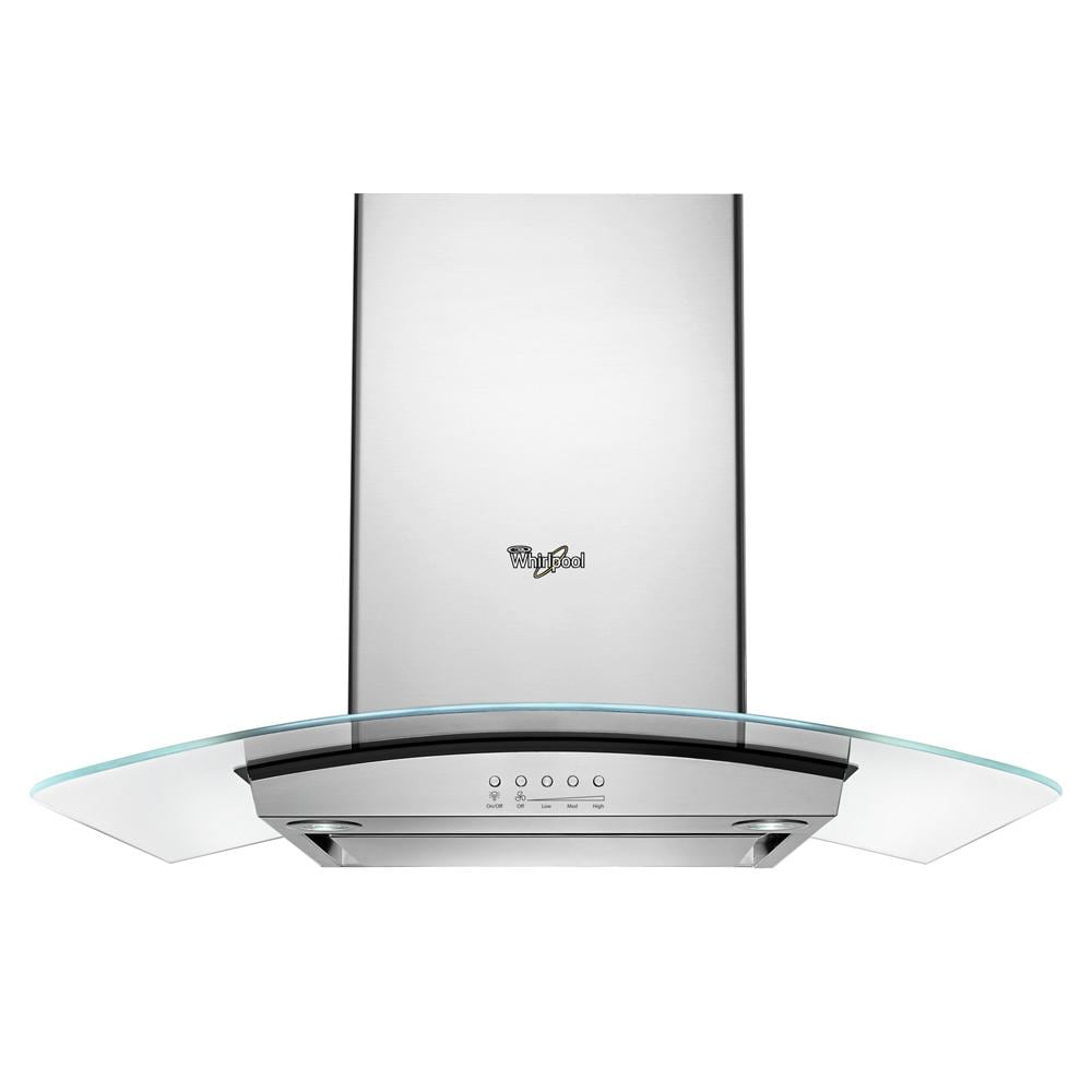 Stainless steel wall mount range hood with curved glass canopy and push button controls in kitchen appliances collection