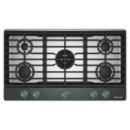Top view of a KitchenAid 36-inch gas cooktop with five burners and an integrated wok grate, featuring backlit control knobs, part of gas cooktops and kitchen appliances for home improvement.