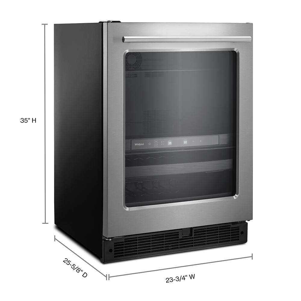 Stainless steel undercounter beverage center with glass door, towel bar handle, and dual temperature zones in appliances collection