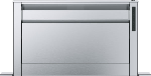 stainless steel downdraft ventilation unit with integrated controls for kitchen and home improvement appliances