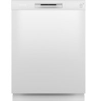 white built-in dishwasher with one-button control and plastic interior in kitchen appliances collection