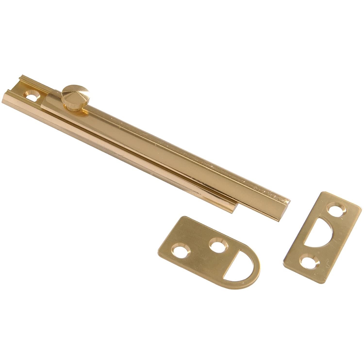 Bright brass 4-inch solid surface bolt with mounting plates for door security in hardware and home improvement collections