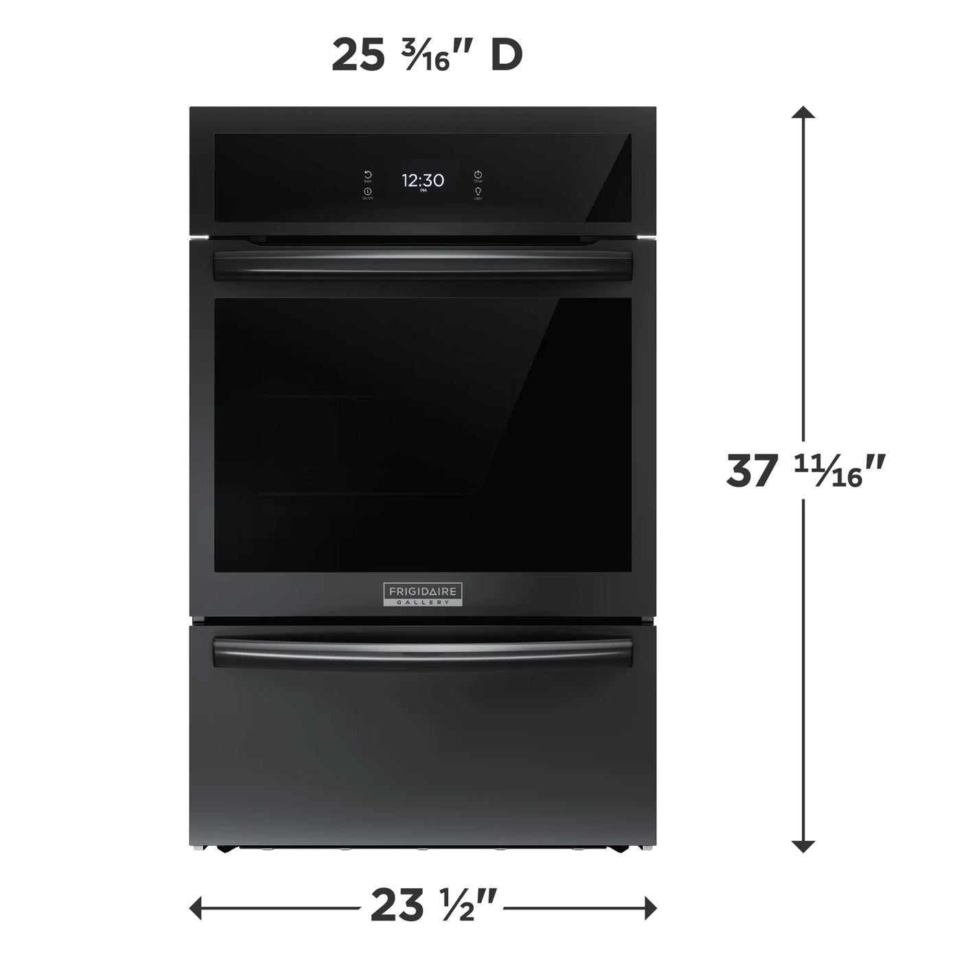 Matte black single gas wall oven with digital touchscreen and wide handle, showing dimensions for installation guidance