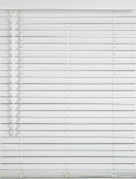 White faux wood cordless window blind with horizontal slats for home improvement and light control