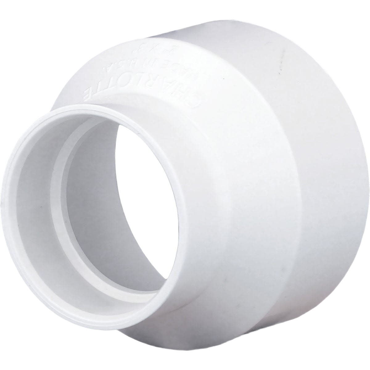 White PVC reducing coupling fitting for plumbing, suitable for Pipes & Fittings and Under $50 collections