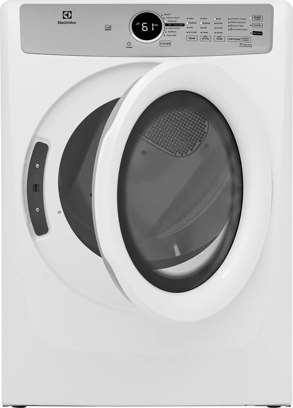 Electrolux front load electric dryer with digital display and open door, part of dryers and appliances collections