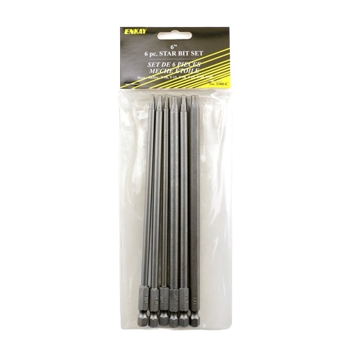 Set of six long metal torque bits in plastic packaging for power tool accessories and drill bits collections