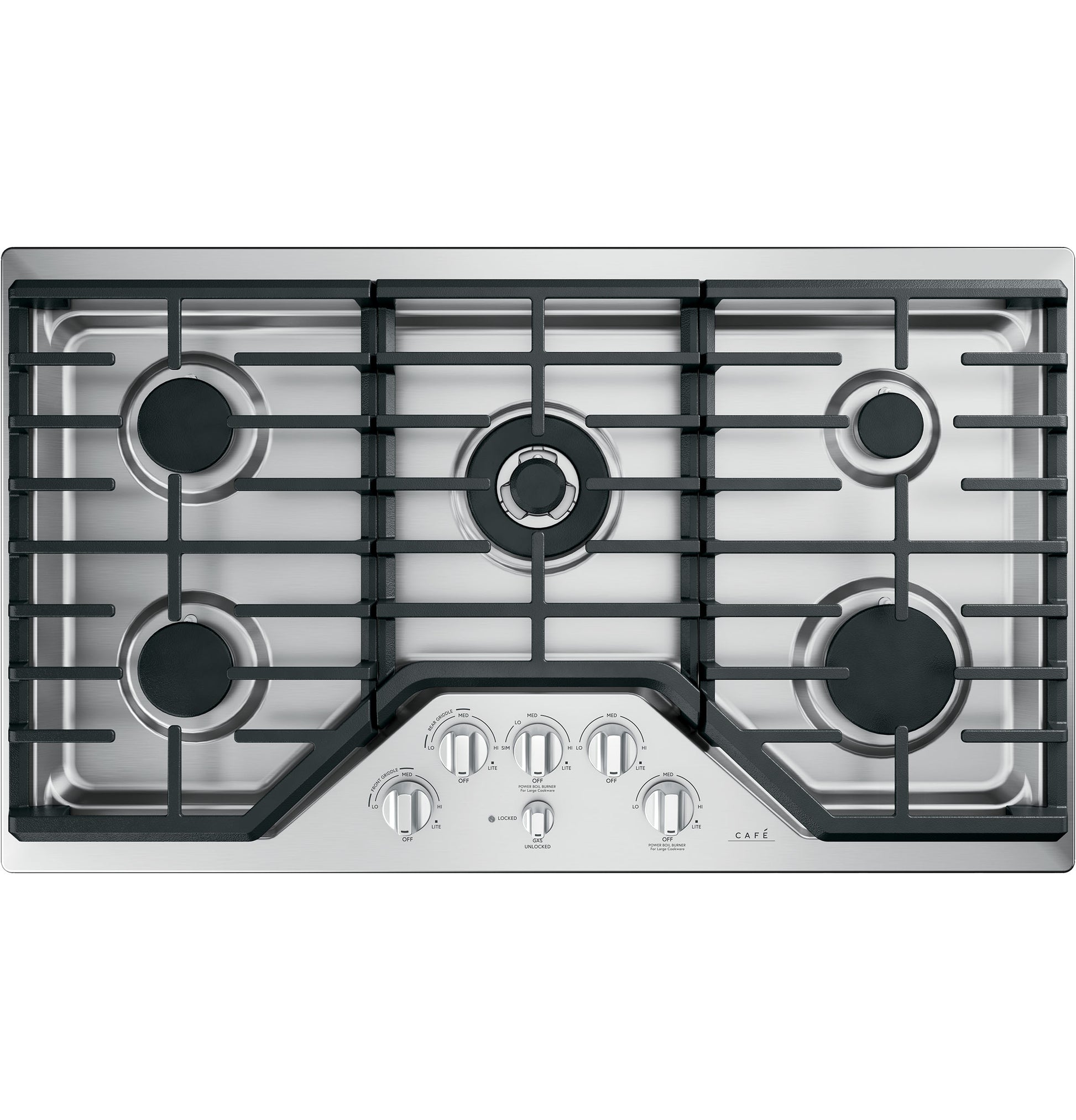 Stainless steel 36-inch gas cooktop with five burners and control knobs in modern kitchen appliances collection