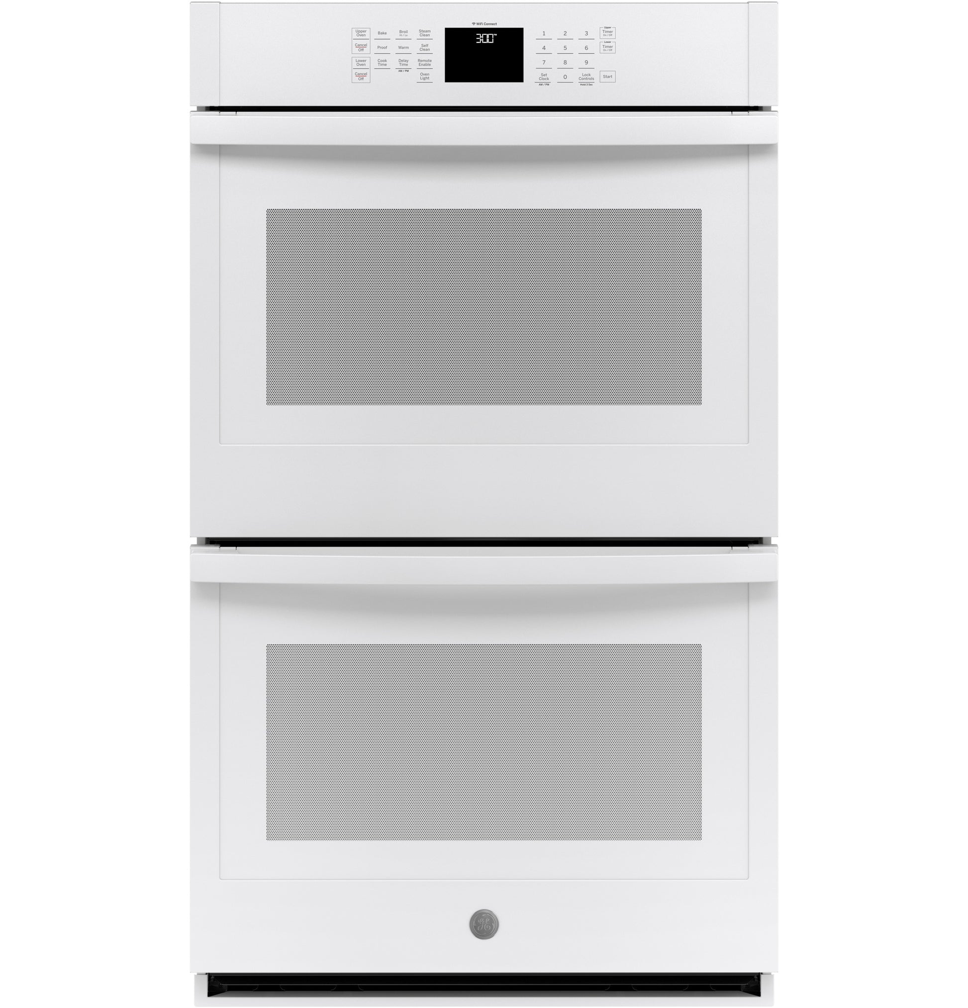 White smart built-in double wall oven with digital control panel for modern kitchen and appliance collections