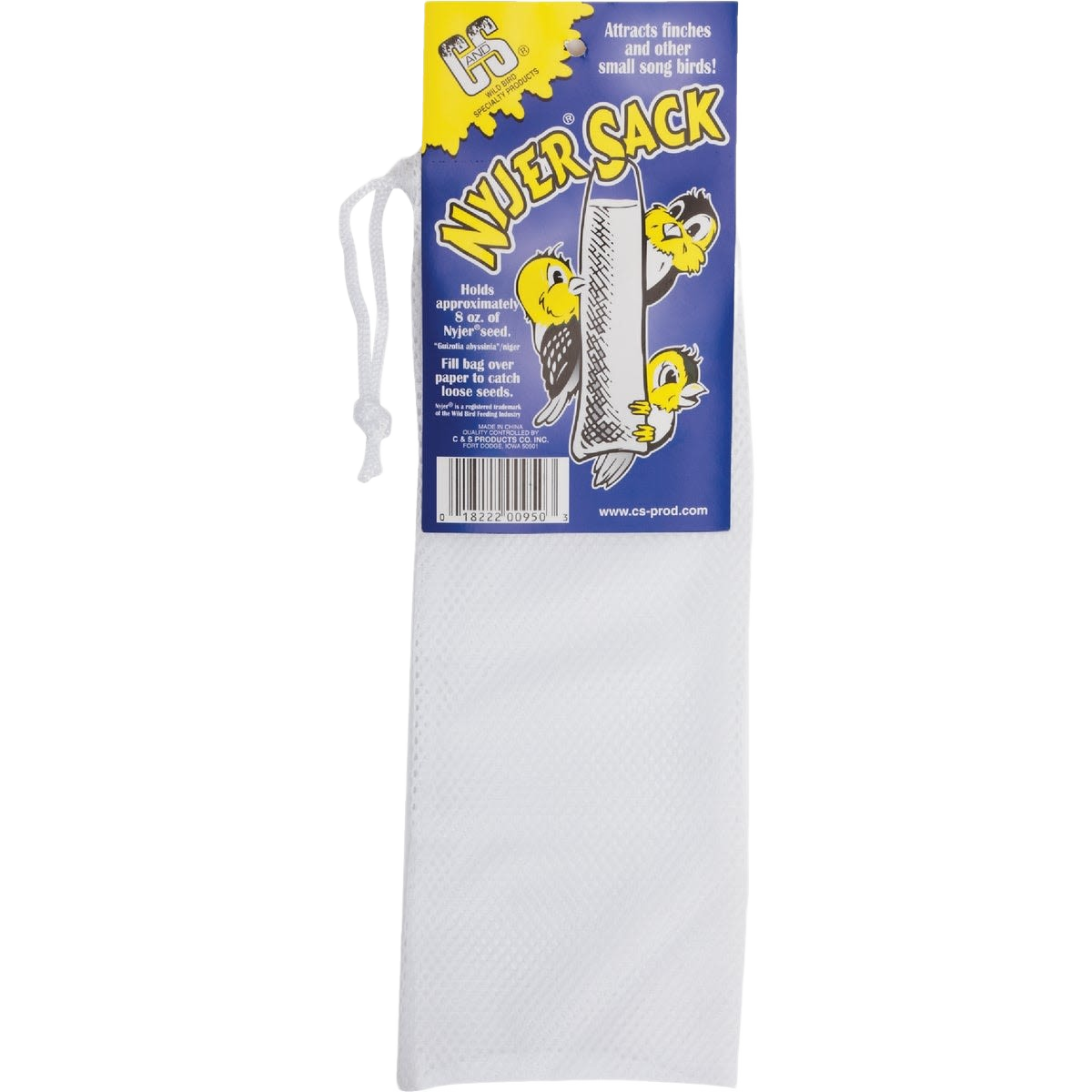 White mesh feeder sack with drawstring designed for attracting small birds and finches with loose seeds