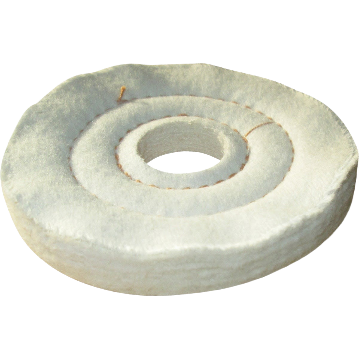 Soft white flannel polishing wheel designed for delicate finishing and woodworking tool accessory use in home improvement projects
