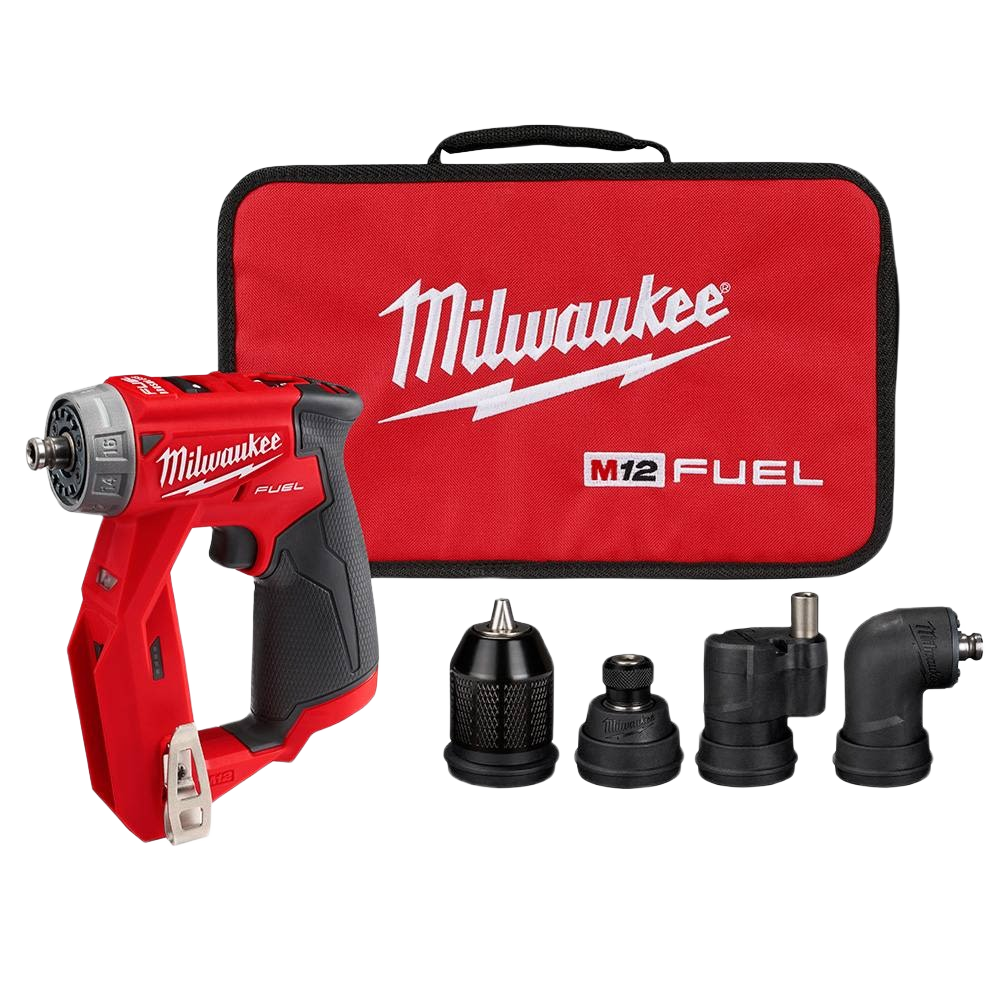 Cordless red and black compact drill with interchangeable attachments and red carrying case for home improvement tools