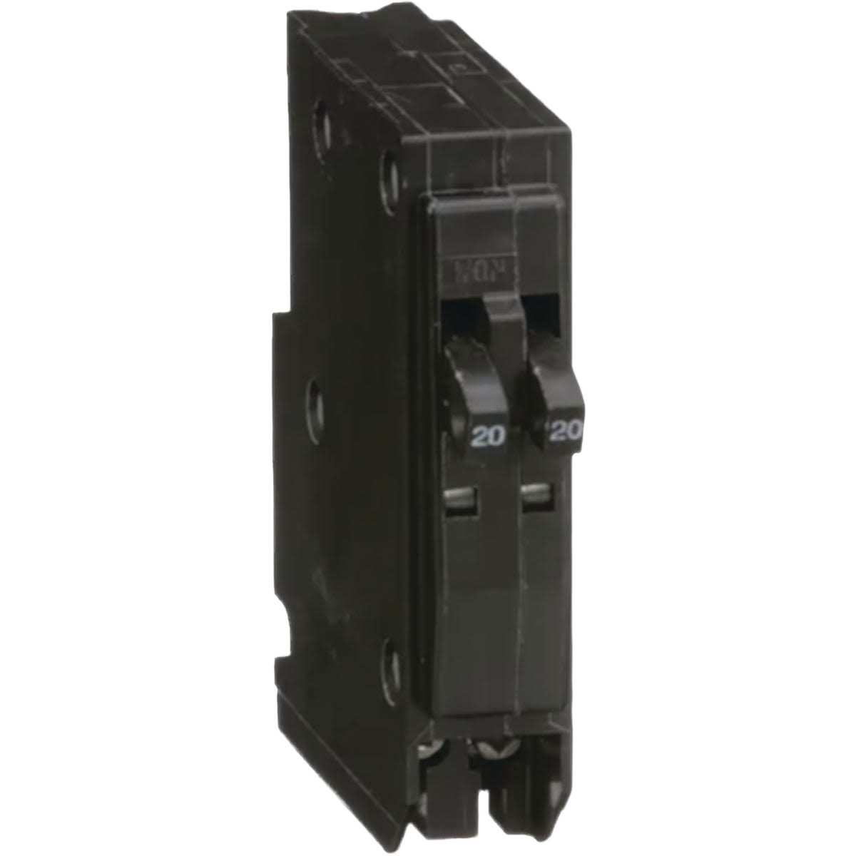 Black 20-amp tandem circuit breaker for residential electrical panels used in home improvement projects.