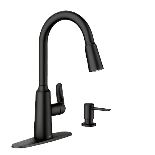 Matte black single-handle pull-down kitchen faucet with high arc spout and matching soap dispenser in faucets collection