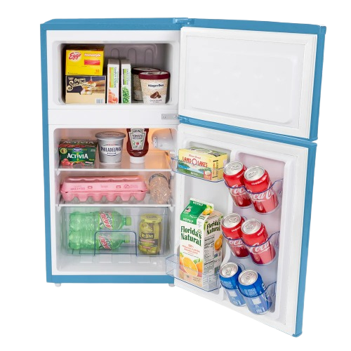 blue retro compact refrigerator with open door showing organized snacks, beverages, and freezer in kitchen appliances
