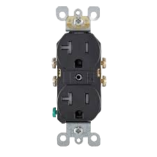 Black tamper-resistant duplex electrical outlet with 20 amp rating for residential tools and home improvement use