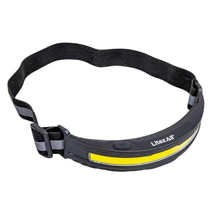 Black rechargeable headlamp with adjustable strap and bright yellow LED strip for hands-free tools and home improvement use