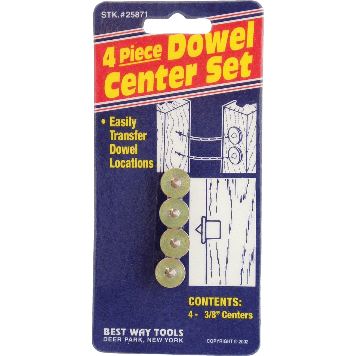 Set of four metal dowel centers for precise dowel location transfers in woodworking and home improvement tasks