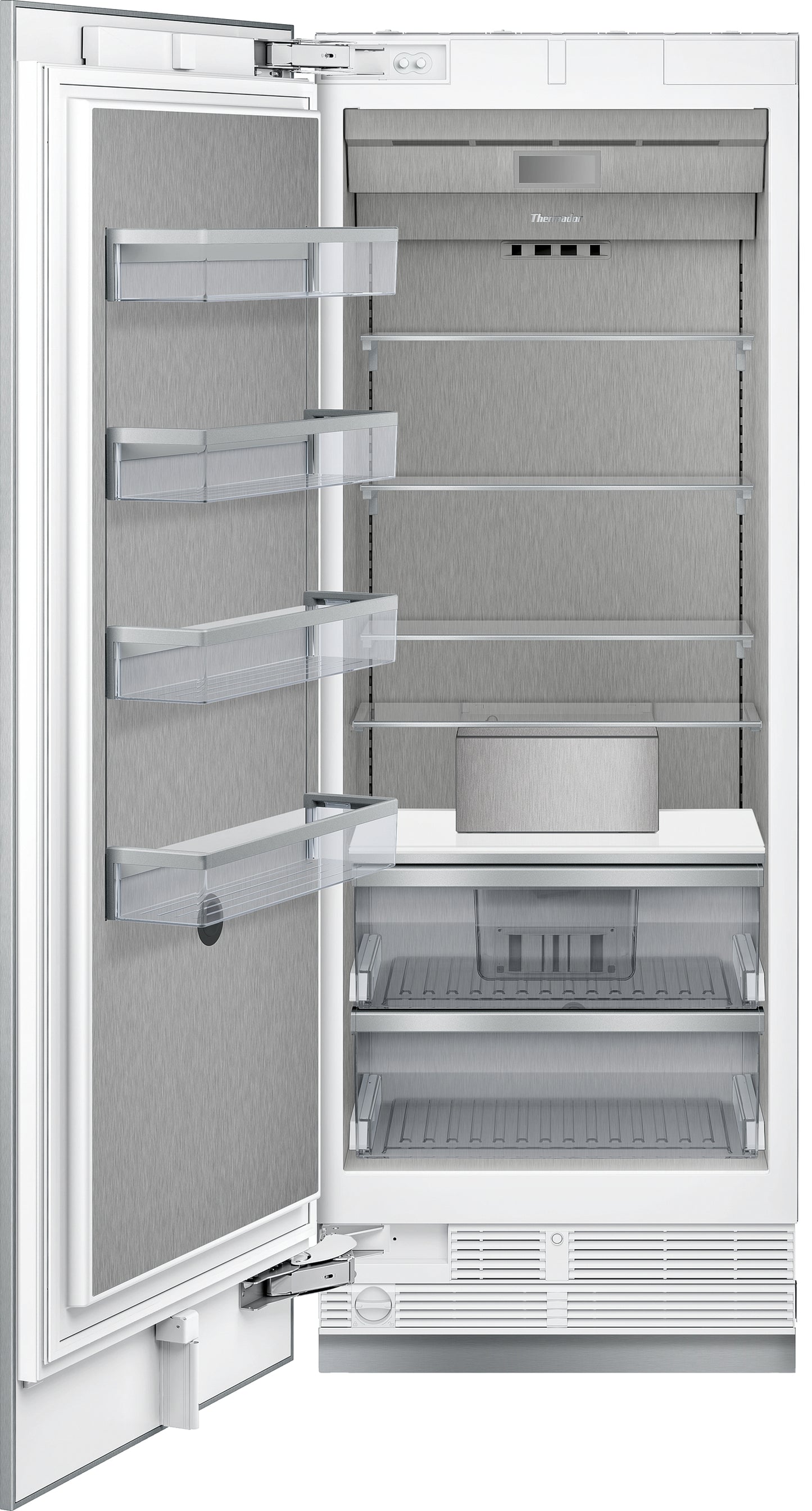 Open panel-ready built-in freezer column with stainless steel interior and multiple adjustable shelves from appliances collection