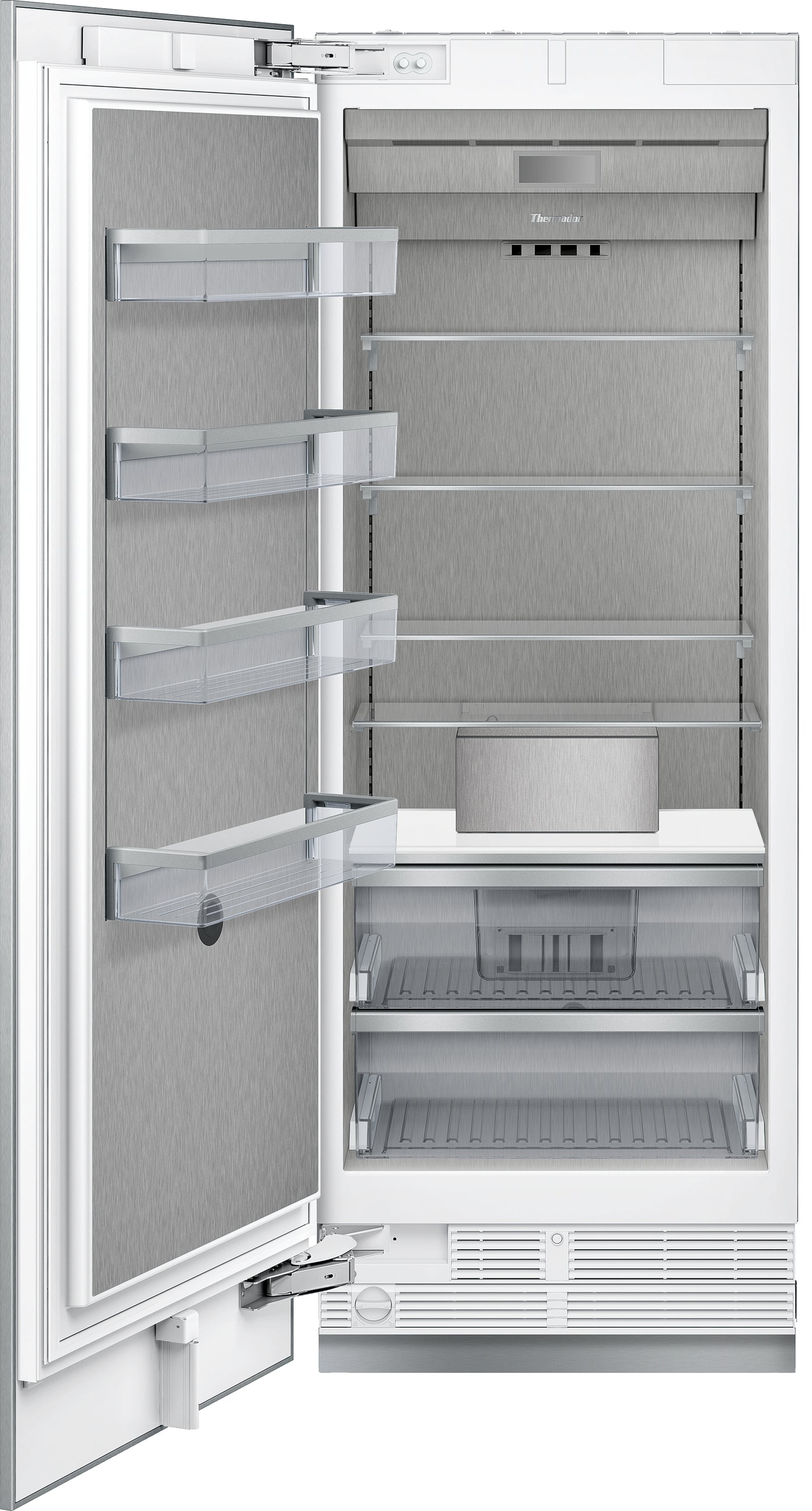 Open panel-ready built-in freezer column with stainless steel interior and multiple adjustable shelves from appliances collection