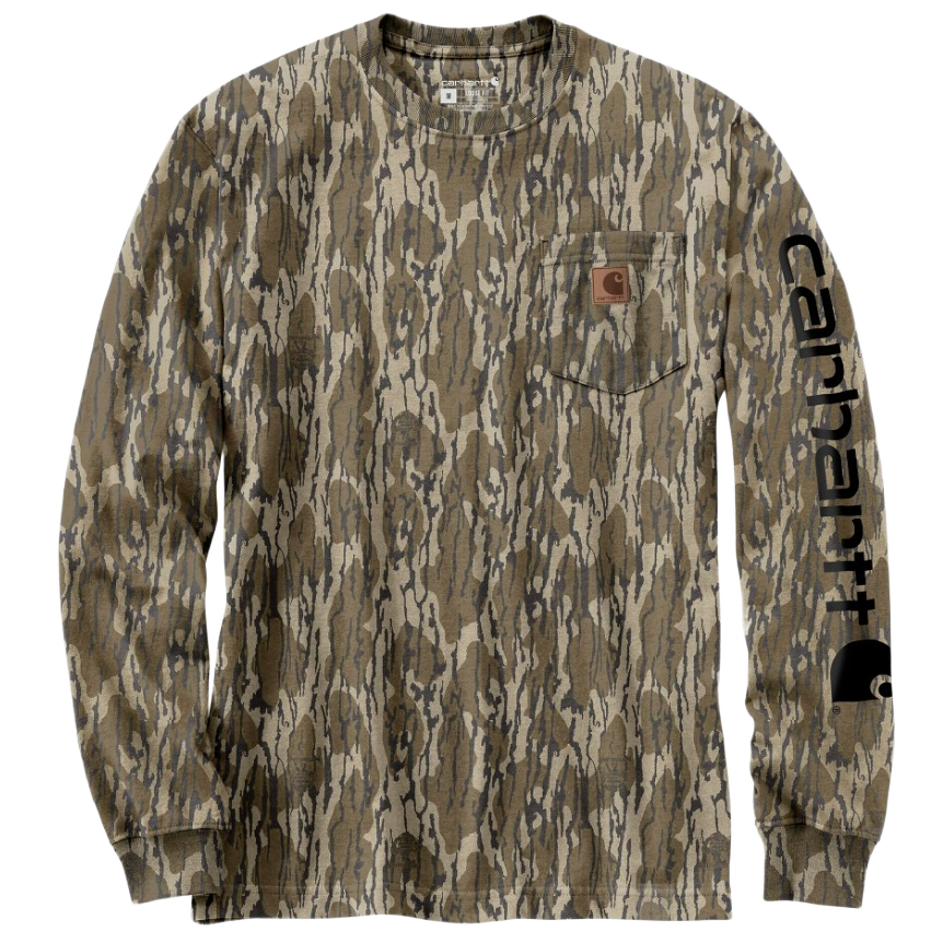 Men's long sleeve shirt with mossy oak camo pattern and logo graphic on sleeve and chest pocket