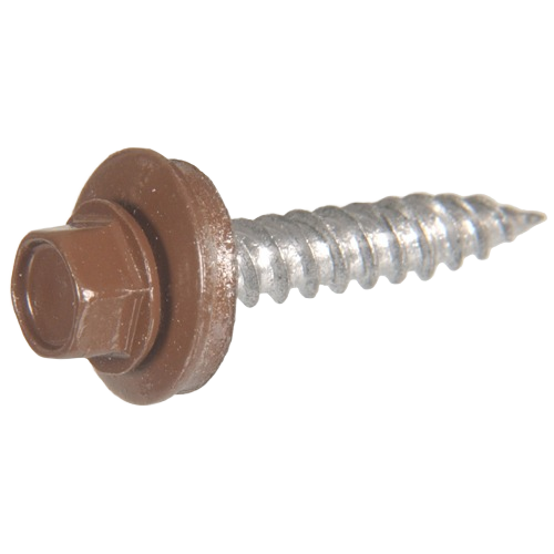 Brown painted self-piercing sheeter screw with hex washer head for fastening metal and wood in home improvement projects