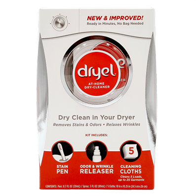 At-home dry cleaner kit with stain pen, odor and wrinkle releaser, and cleaning cloths for laundry supplies and household cleaning tasks
