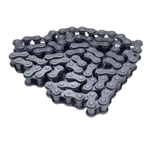 Close-up of a heavy-duty metal roller chain used for mechanical and home improvement tools and equipment maintenance.