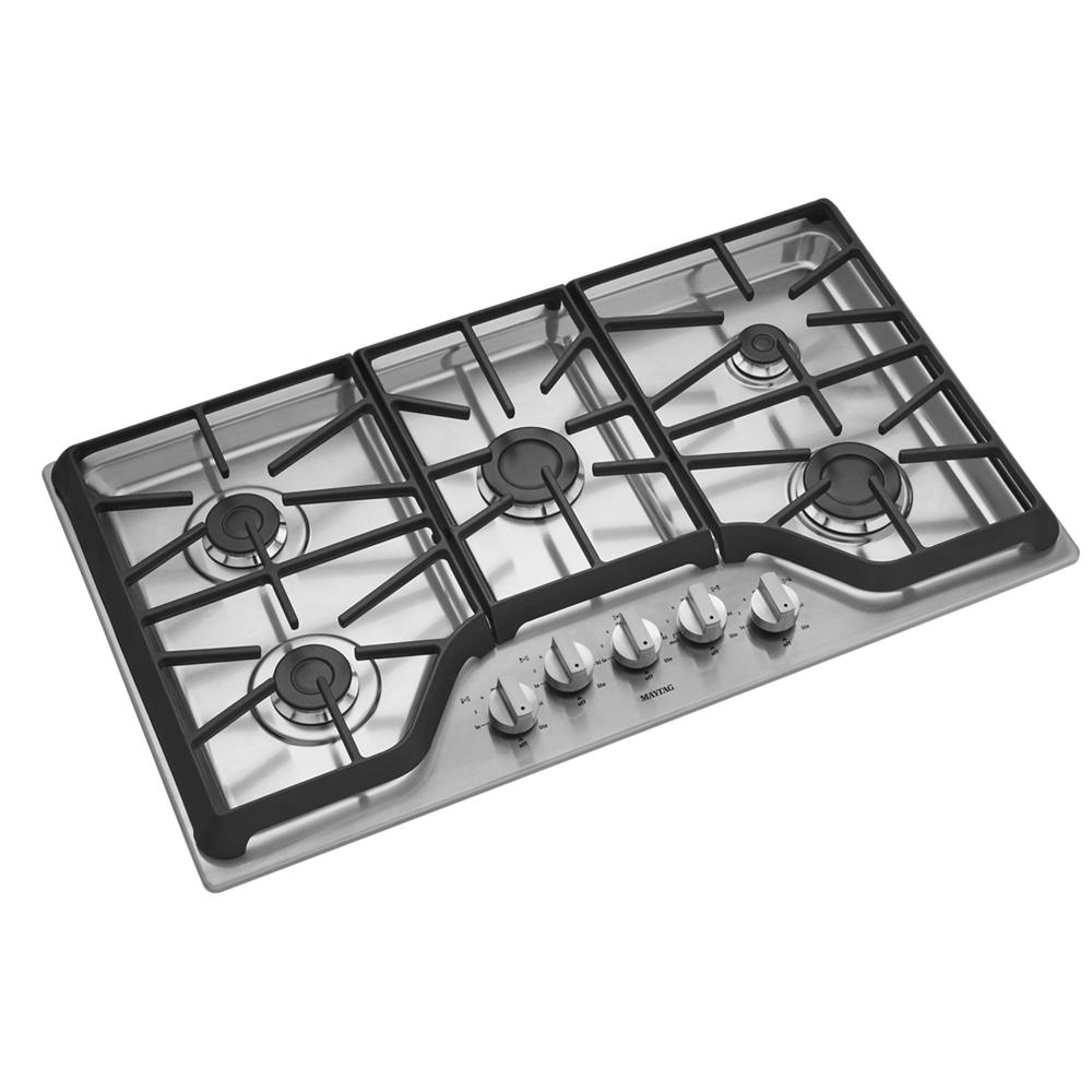 36-inch stainless steel gas cooktop with five burners and front control knobs for kitchen appliances and home improvement