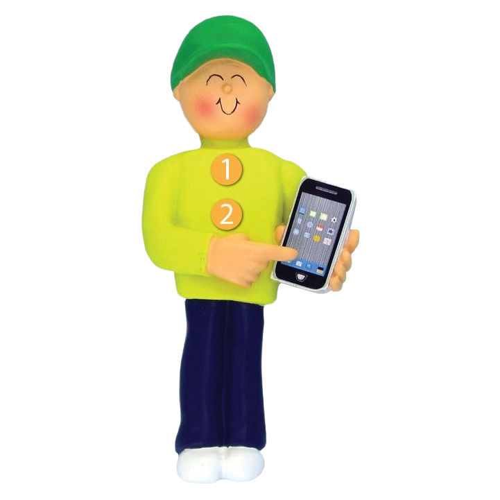 Personalized male figurine ornament holding smartphone, festive Christmas decoration under $50 collection