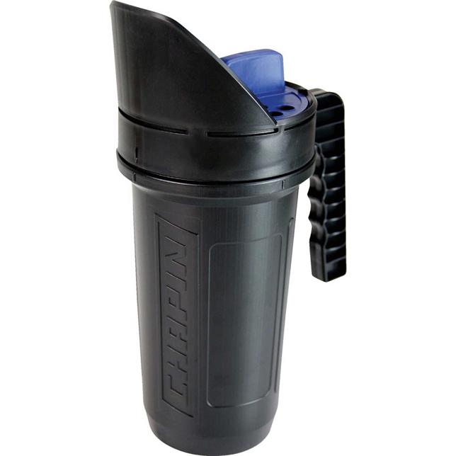 Black handheld spreader shaker with ergonomic grip handle designed for salt, seed, and fertilizer application tasks