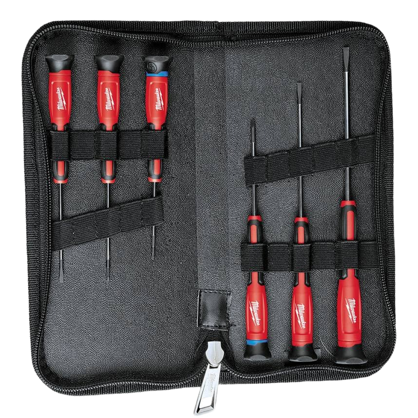 Set of six Milwaukee precision screwdrivers with red handles and black accents in a black zippered storage case for home improvement tasks