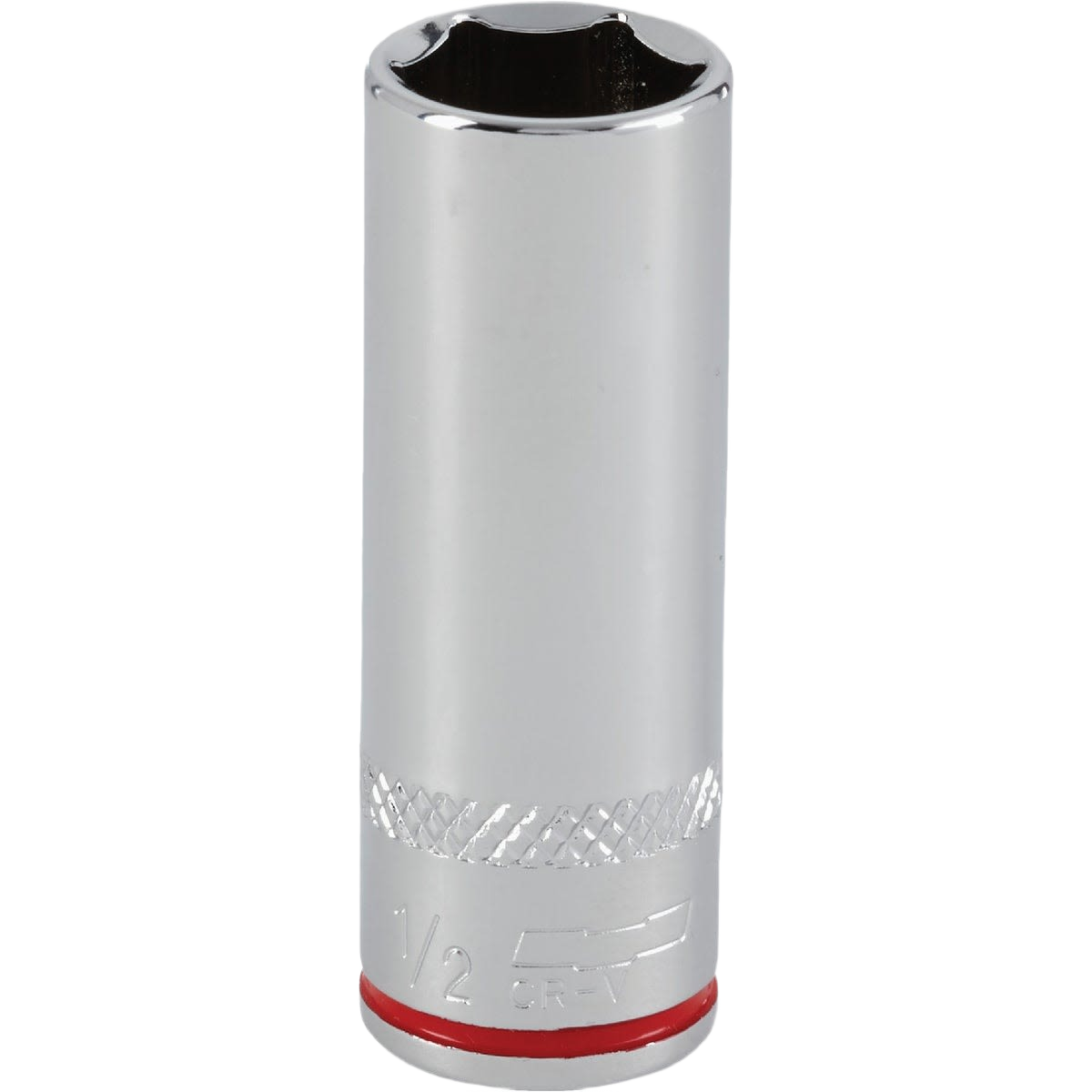 Deep 6-point chrome socket with textured grip band and color-coded ring, part of hand tools and woodworking collections under $50