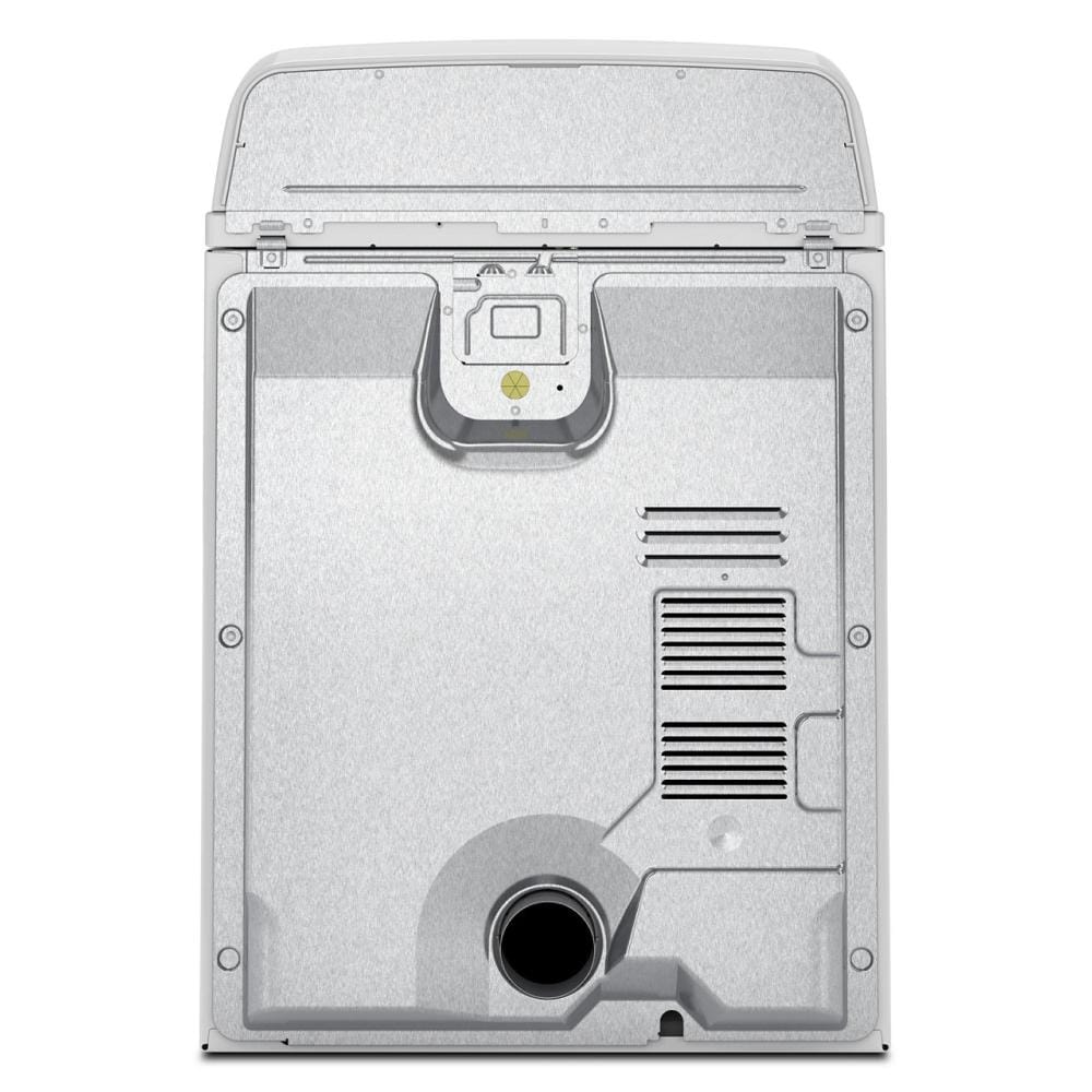 Rear view of silver metallic electric dryer showing vent and internal components in dryers and appliances collection