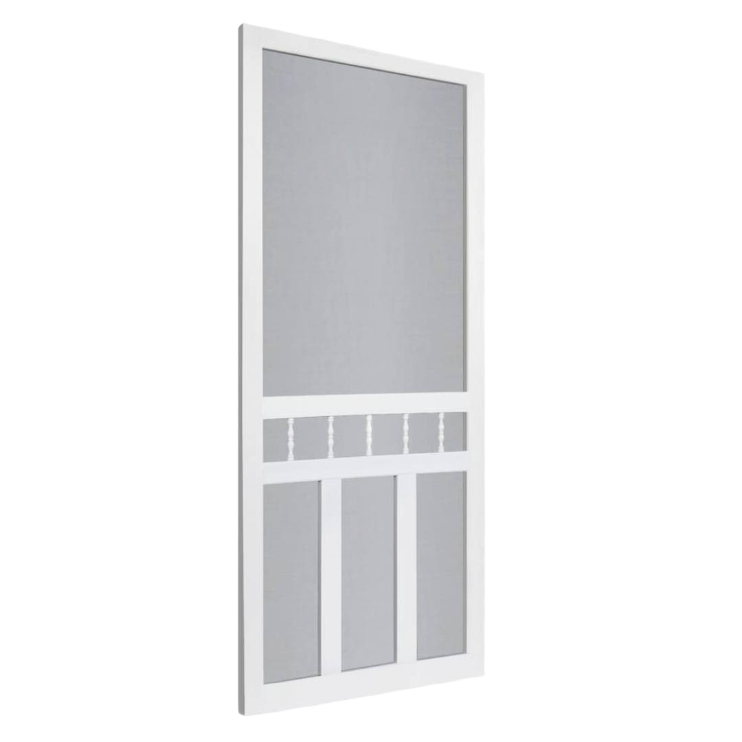 White vinyl screen door with decorative spindles and vertical rails designed for home improvement projects
