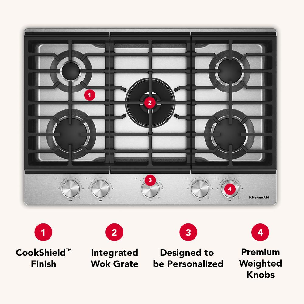KitchenAid® 30 in. Gas Cooktop with 5 Burners and Integrated Wok Grate